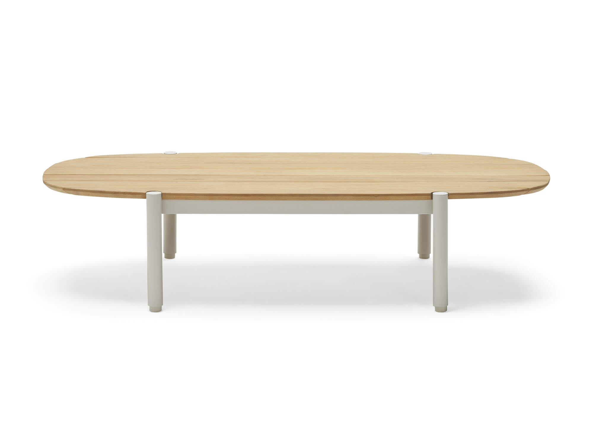 Side view of wood and white outdoor coffee table